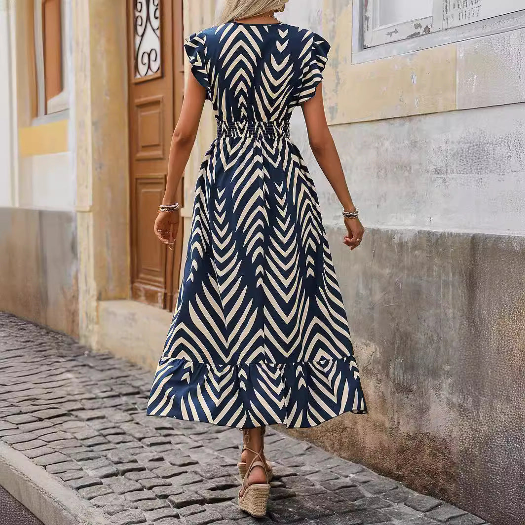 Image of Elegant Style Printed Short Sleeve Dress Lace-up Long Hem
