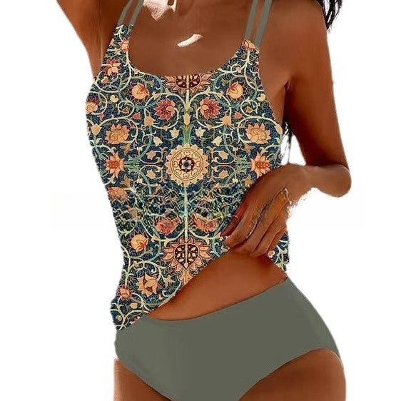Image of Retro Split High Waist Bikini Beach Print Strap Swimsuit