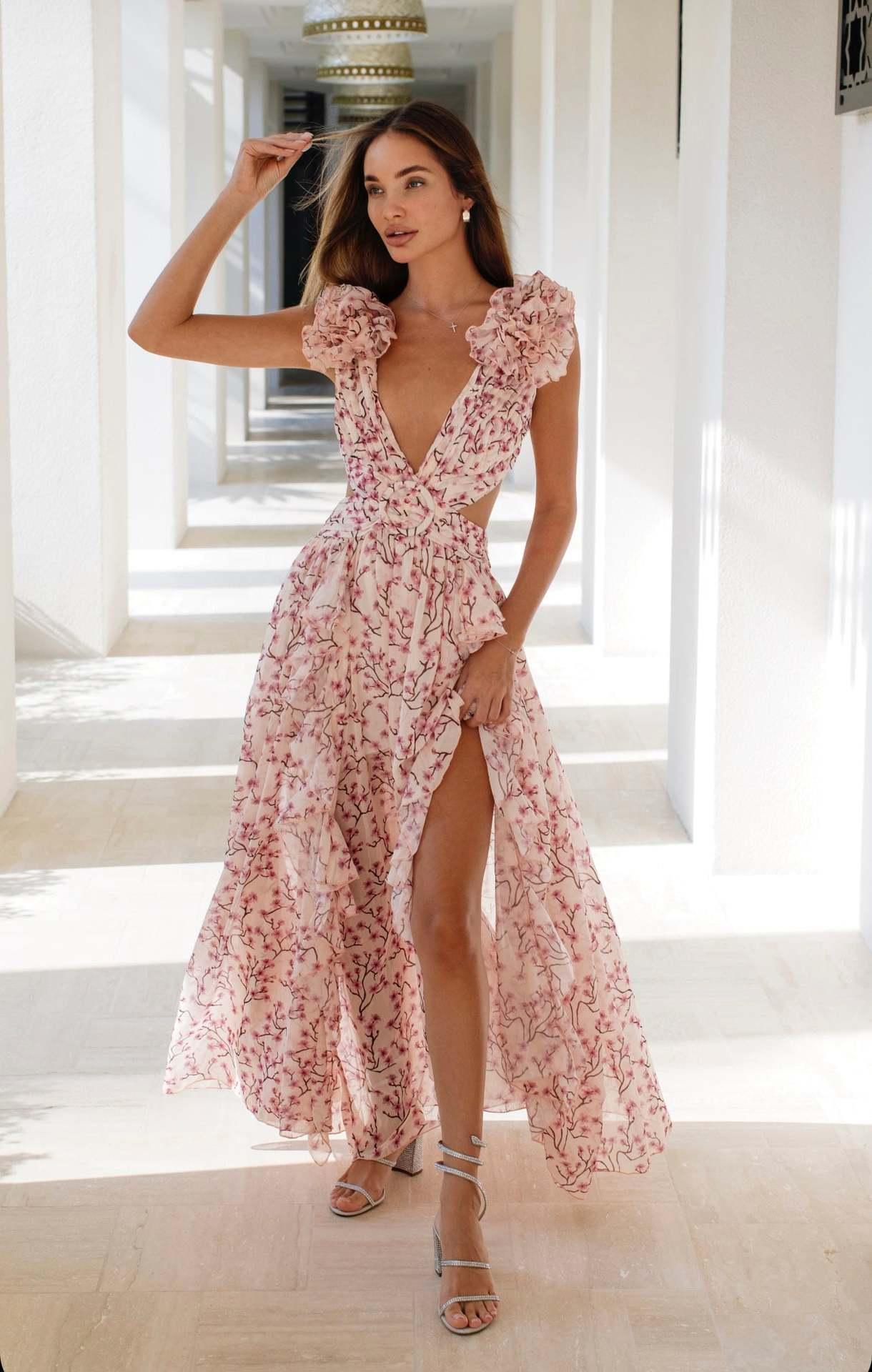 Image of Deep V Ruffled Floral Backless Dress