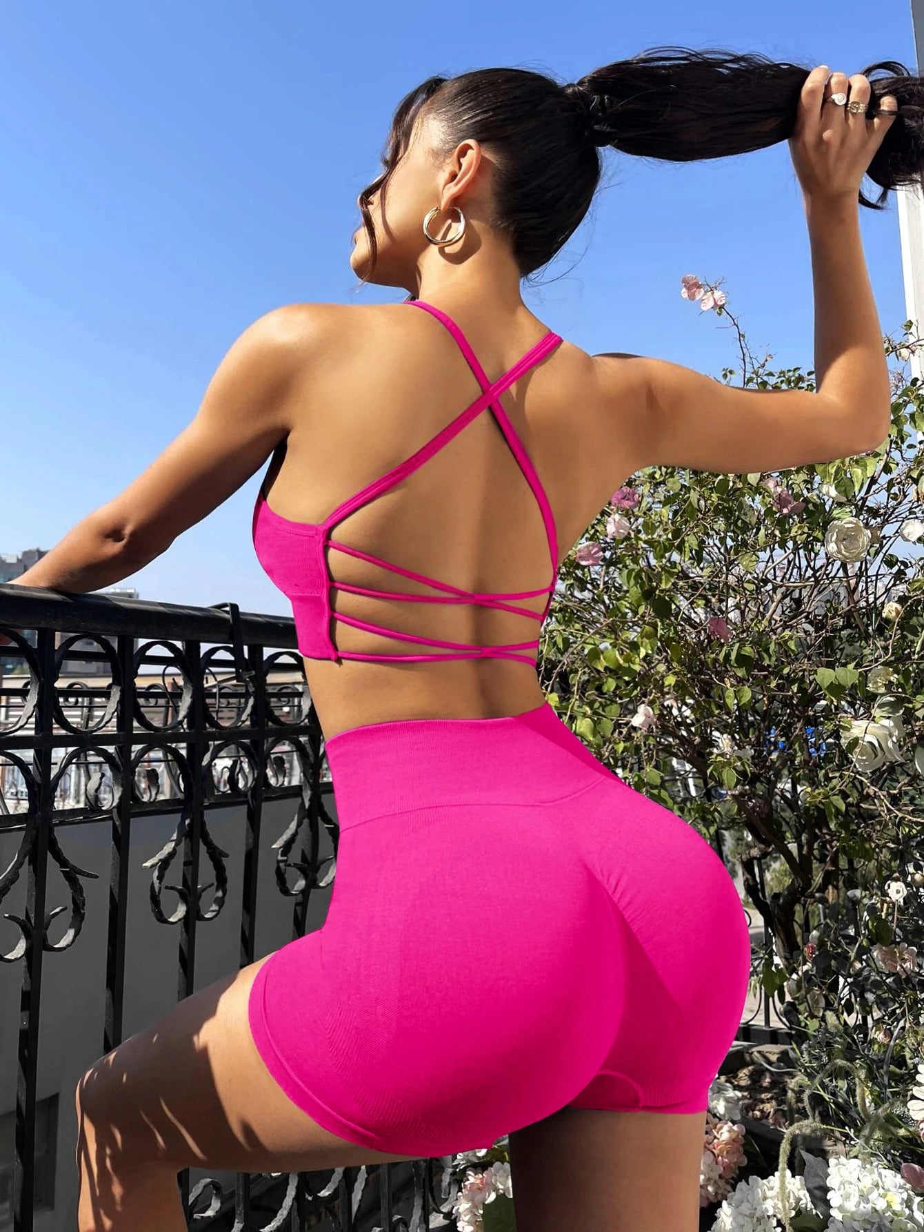 Image of Studio  Sport Criss Cross Backless Wide Waistband Sports Set Hot Pink Dresshot Pink Dress Girls Open Back Dress Tight Dresses for Girls Workout Women Set Women Workout Set Hot Pink