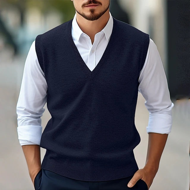 Image of Men's Sleeveless Sweater Vest Casual Solid Color And V-neck