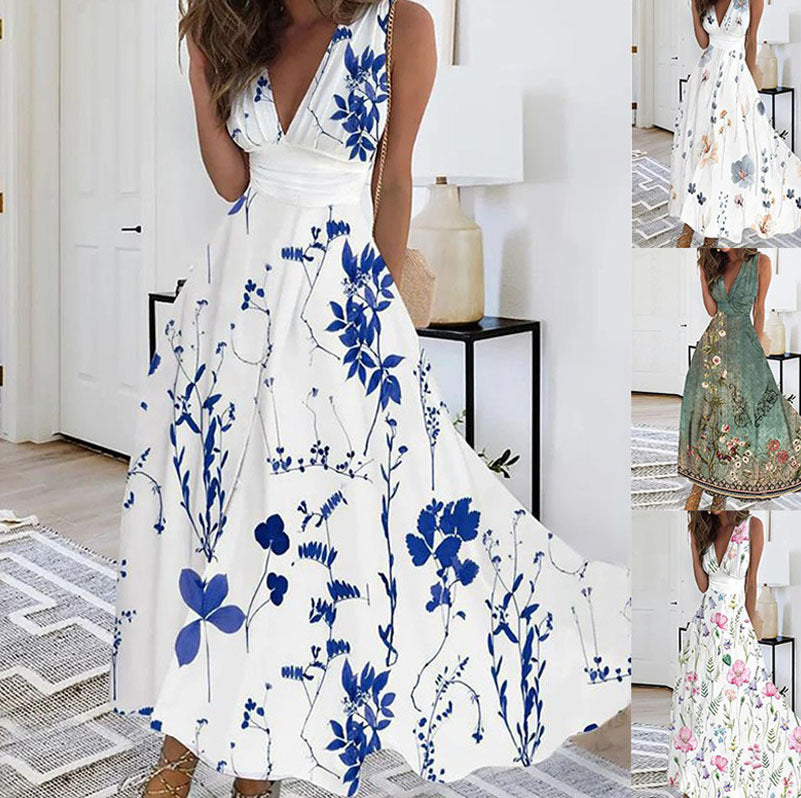 Image of Women's Summer New V-neck High Waist Sleeveless Printed Vest Dress