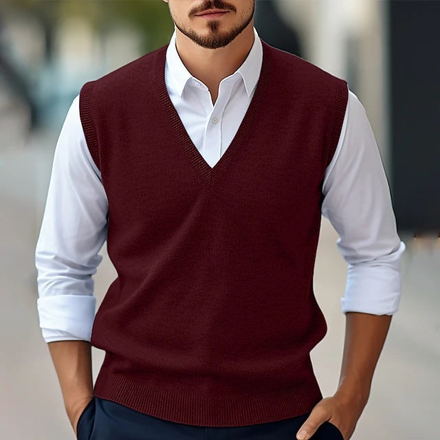 Image of Men's Sleeveless Sweater Vest Casual Solid Color And V-neck