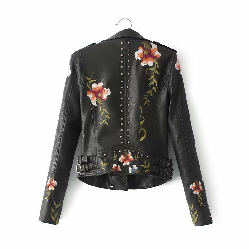 Image of Embroidered studded leather jacket