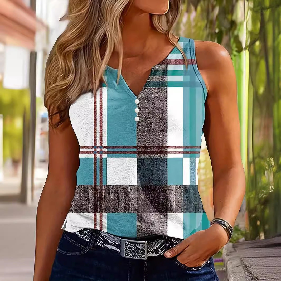 Image of V-neck Buttons Sleeveless 3D Digital Casual Loose Vest