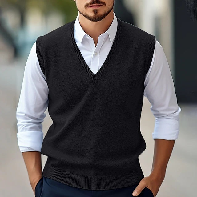 Image of Men's Sleeveless Sweater Vest Casual Solid Color And V-neck