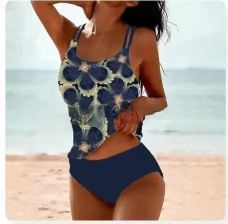 Image of Retro Split High Waist Bikini Beach Print Strap Swimsuit