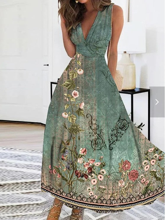 Women's Summer New V-neck High Waist Sleeveless Printed Vest Dress