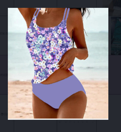 Image of Retro Split High Waist Bikini Beach Print Strap Swimsuit