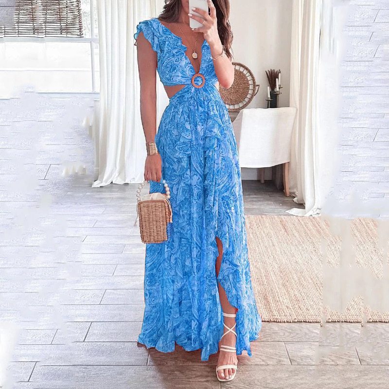 Image of Printed Deep V Midriff Outfit Long Pleated Dress