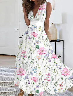 Image of Women's Summer New V-neck High Waist Sleeveless Printed Vest Dress