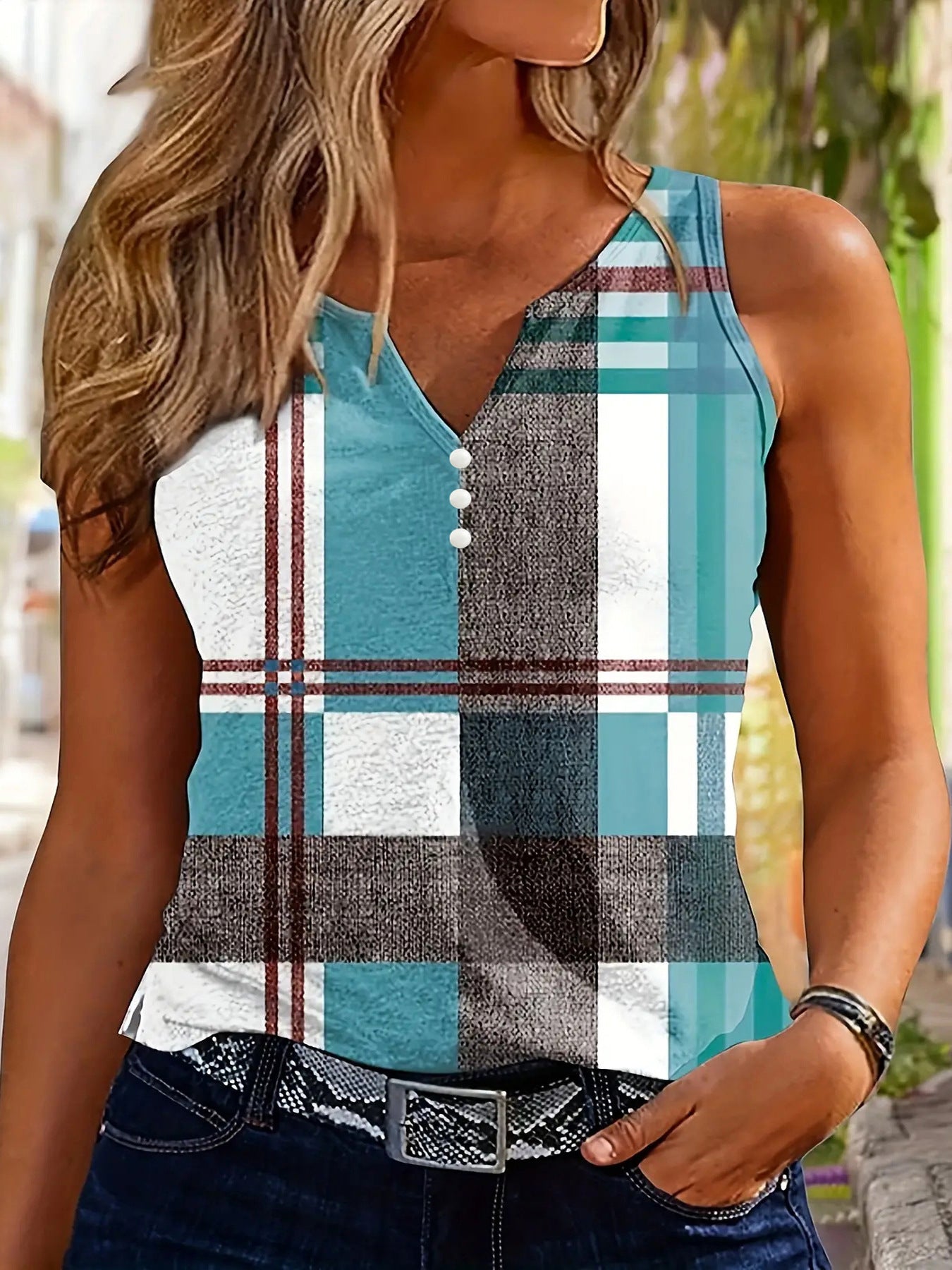 Image of V-neck Buttons Sleeveless 3D Digital Casual Loose Vest