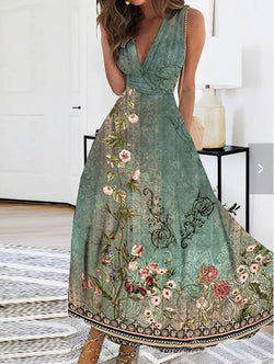 Image of Women's Summer New V-neck High Waist Sleeveless Printed Vest Dress