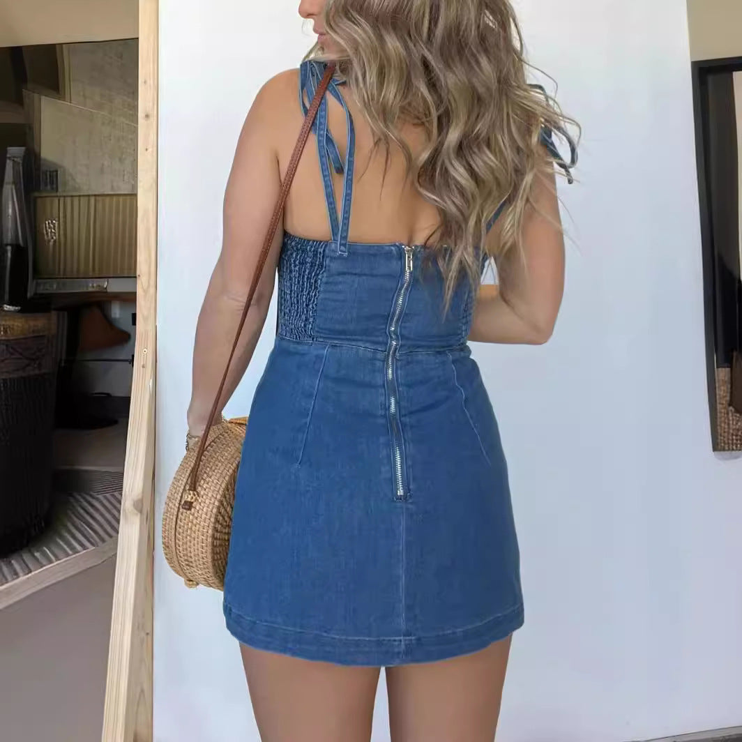 Image of Square Neck Suspender Split Denim Dress With Back Zipper Design Summer Fashion Slim Sling Short Dresses For Women