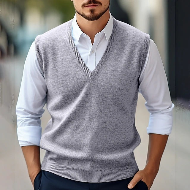Image of Men's Sleeveless Sweater Vest Casual Solid Color And V-neck