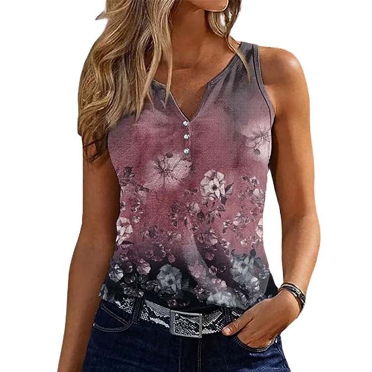 Image of V-neck Buttons Sleeveless 3D Digital Casual Loose Vest