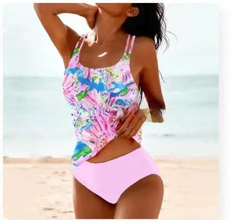 Image of Retro Split High Waist Bikini Beach Print Strap Swimsuit
