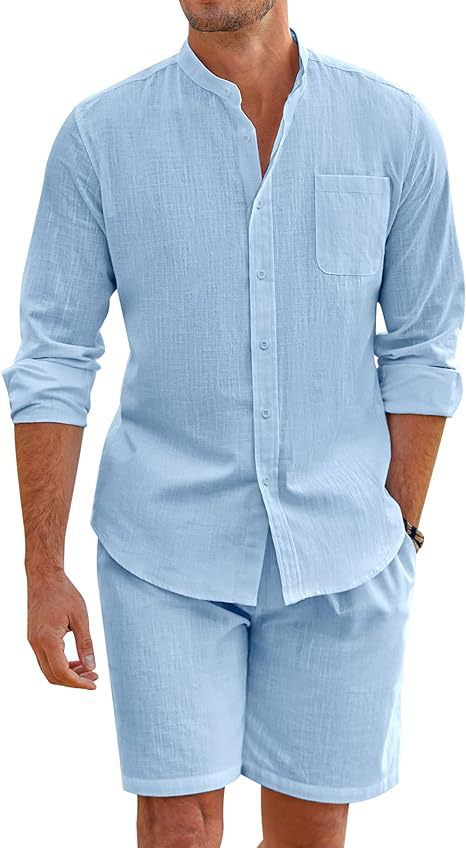 Image of Men's Summer Two-piece Polyester Button Shirt Long Sleeve Shorts