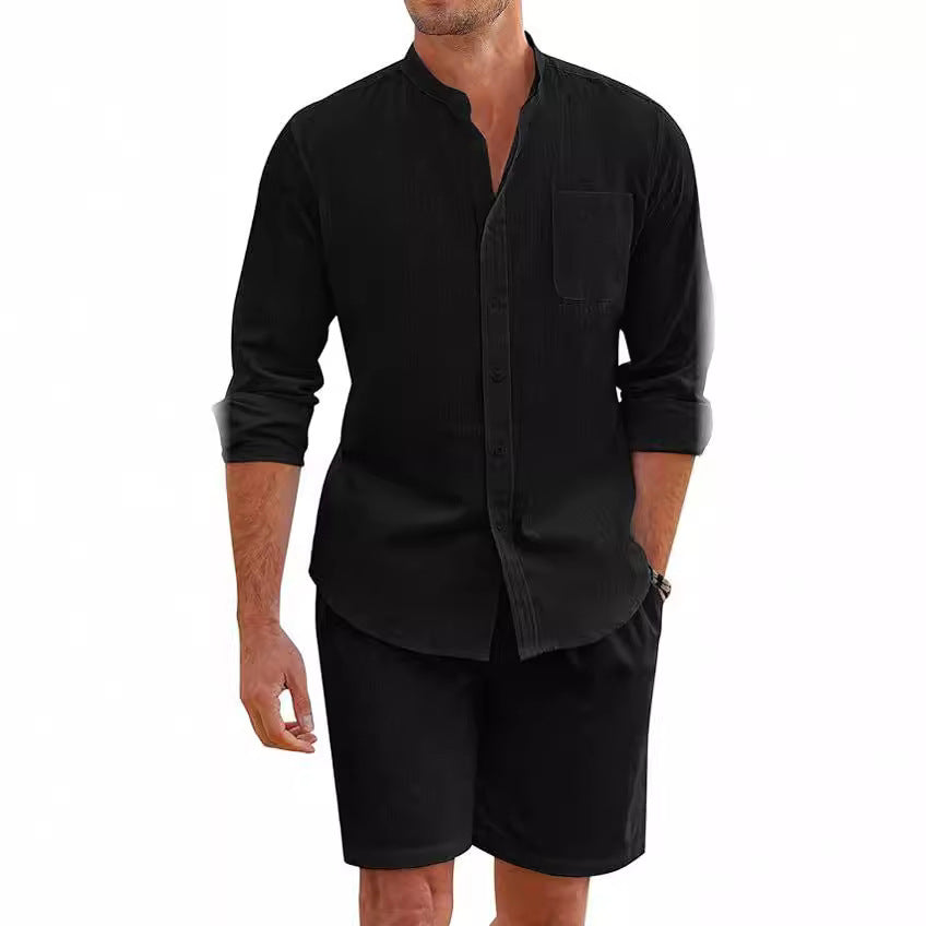 Image of Men's Summer Two-piece Polyester Button Shirt Long Sleeve Shorts