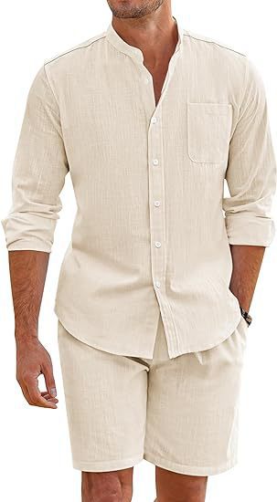 Image of Men's Summer Two-piece Polyester Button Shirt Long Sleeve Shorts