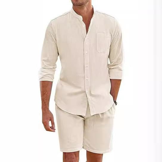 Image of Men's Summer Two-piece Polyester Button Shirt Long Sleeve Shorts