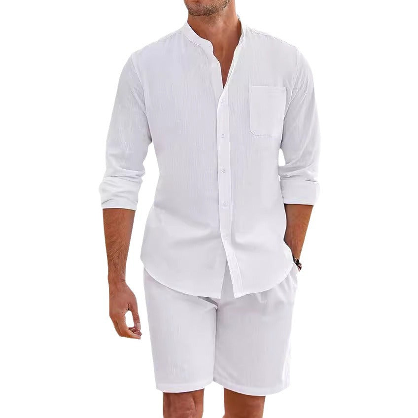 Image of Men's Summer Two-piece Polyester Button Shirt Long Sleeve Shorts