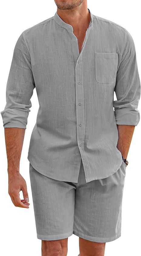 Image of Men's Summer Two-piece Polyester Button Shirt Long Sleeve Shorts