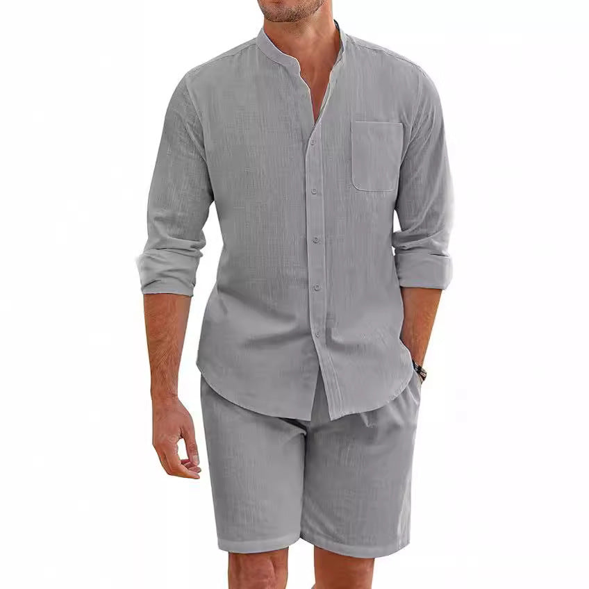 Image of Men's Summer Two-piece Polyester Button Shirt Long Sleeve Shorts