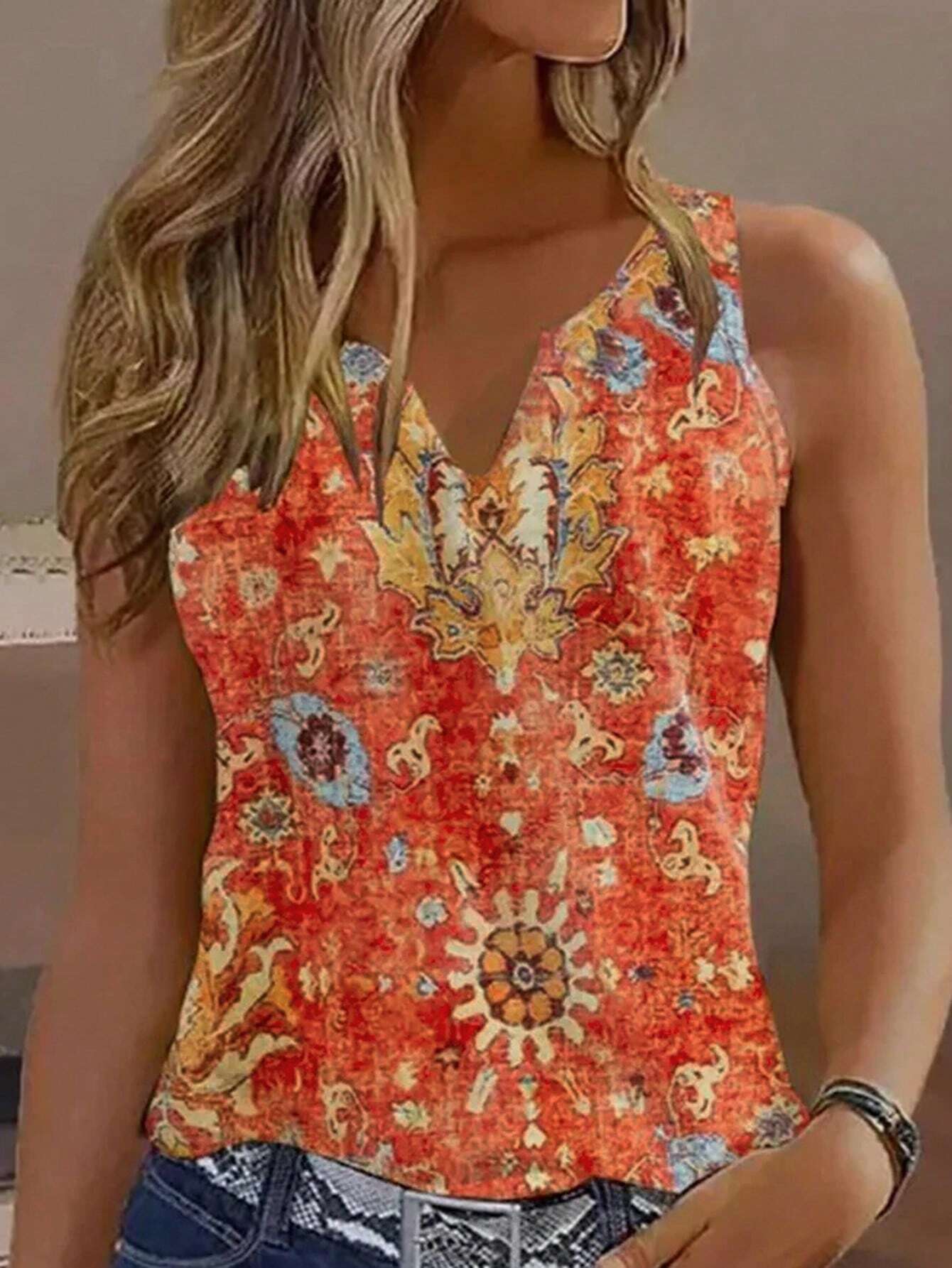 Image of V-neck Buttons Sleeveless 3D Digital Casual Loose Vest