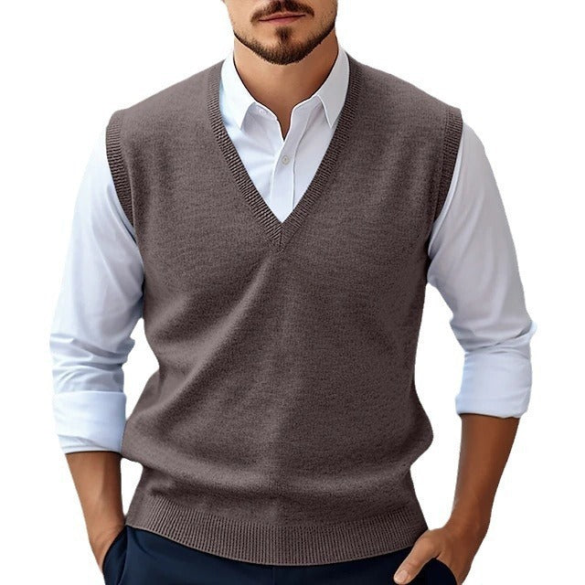 Image of Men's Sleeveless Sweater Vest Casual Solid Color And V-neck