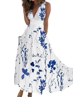 Image of Women's Summer New V-neck High Waist Sleeveless Printed Vest Dress
