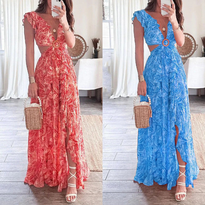 Image of Printed Deep V Midriff Outfit Long Pleated Dress