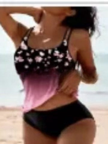 Image of Retro Split High Waist Bikini Beach Print Strap Swimsuit