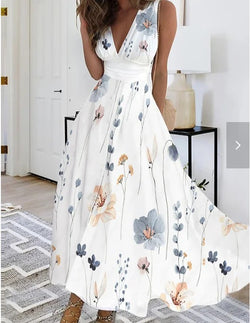 Image of Women's Summer New V-neck High Waist Sleeveless Printed Vest Dress