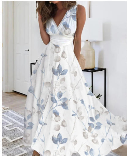 Image of Women's Summer New V-neck High Waist Sleeveless Printed Vest Dress