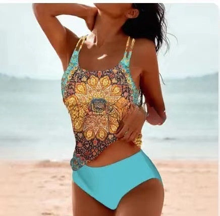 Image of Retro Split High Waist Bikini Beach Print Strap Swimsuit