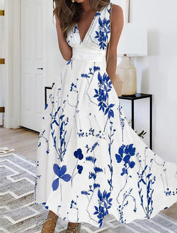 Image of Women's Summer New V-neck High Waist Sleeveless Printed Vest Dress