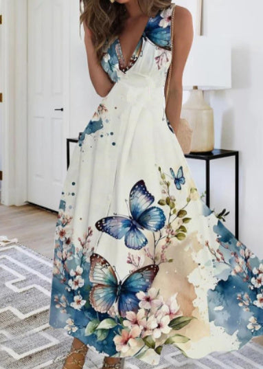 Image of Women's Summer New V-neck High Waist Sleeveless Printed Vest Dress