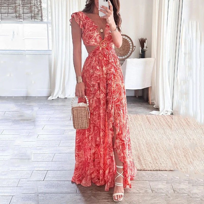 Image of Printed Deep V Midriff Outfit Long Pleated Dress