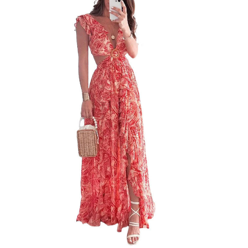 Image of Printed Deep V Midriff Outfit Long Pleated Dress