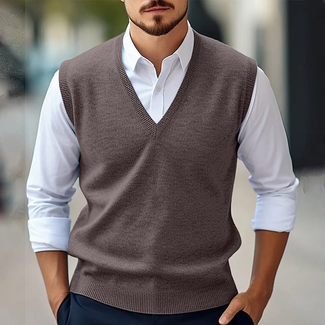 Image of Men's Sleeveless Sweater Vest Casual Solid Color And V-neck